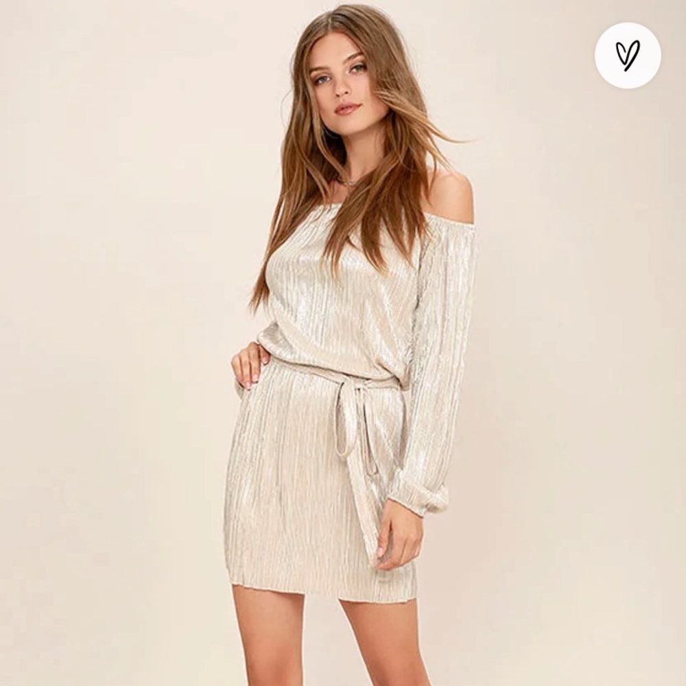 Lulu’s Glisten Closely Beige and Silver Off-the-Shoulder Dress